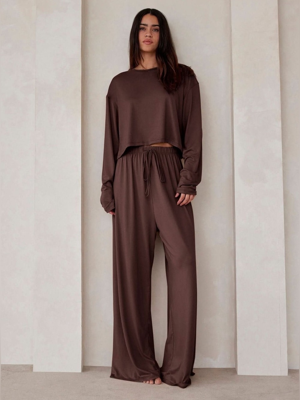 BUMPSUIT Cloud Chocolate Brown Lounge Set Wide Leg Pant Crop Tee XL